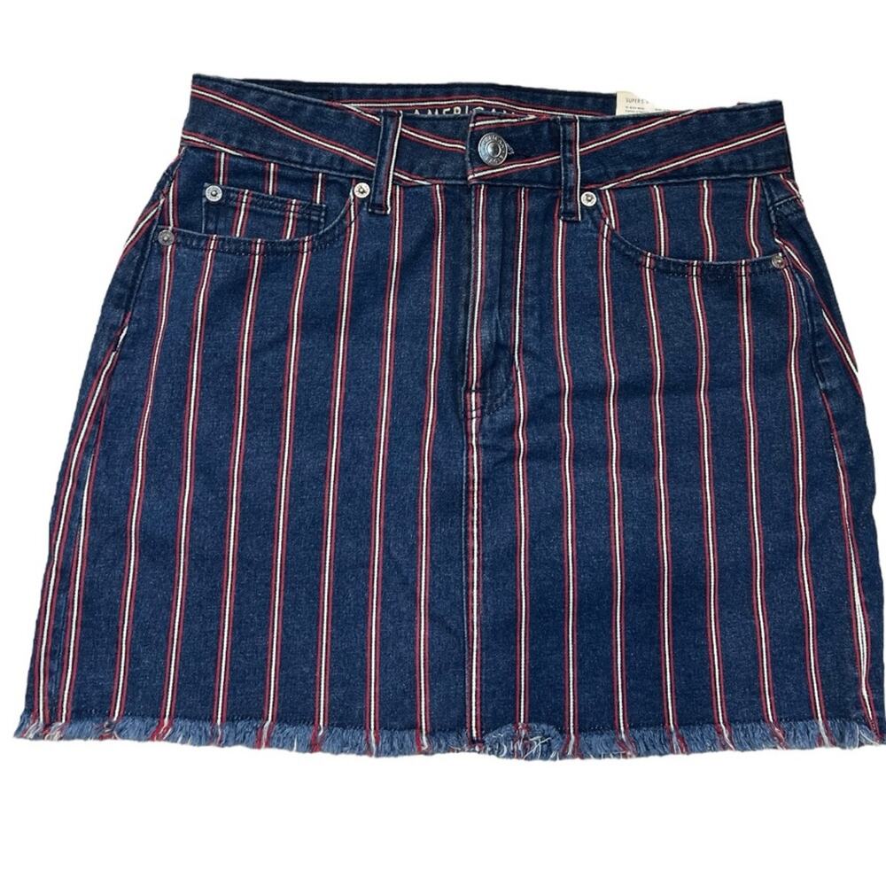American Eagle High rise Striped blue and red Denim Stretch Mini Skirt 4 NWT